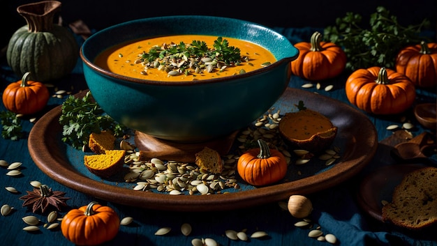 Pumpkin cream soup on an old background pumpkin seeds parsley sprig