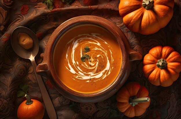 Pumpkin Cream Soup Orange Autumn Dinner Healthy Pumpkin Lunch Vegetarian Food Generative AI Illustration