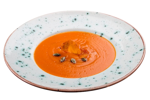 Pumpkin cream soup Vegetarian dish On white background