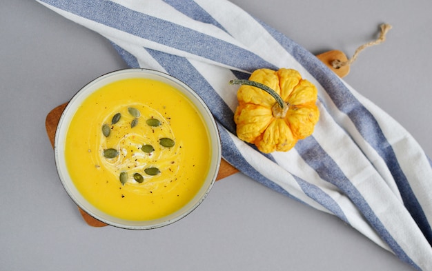 Pumpkin Cream Soup with Croutons Autumn Concept Healthy Food