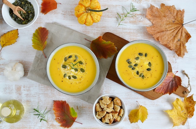 Pumpkin Cream Soup with Croutons Autumn Concept Healthy Food