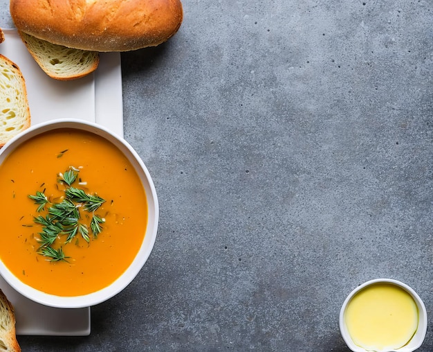 Pumpkin cream soup with croutons and parsley on grey background top view