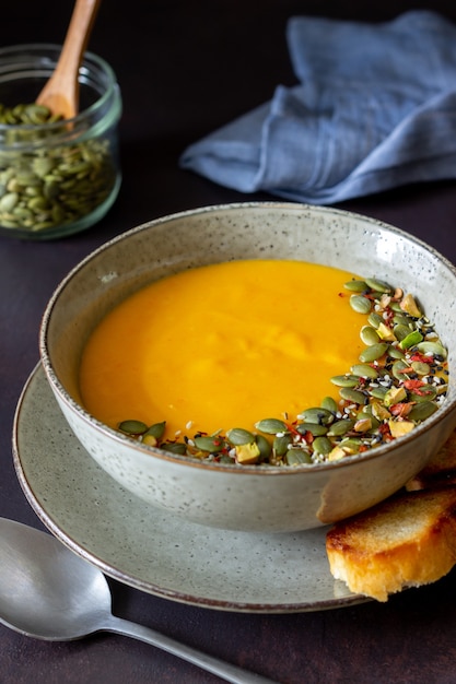 Pumpkin cream soup with seeds