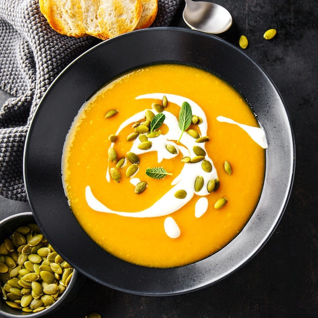 Zuppa cremosa di zucca servita in una ciotola