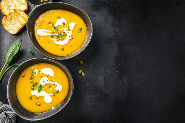 Pumpkin creamy soup served in bowls