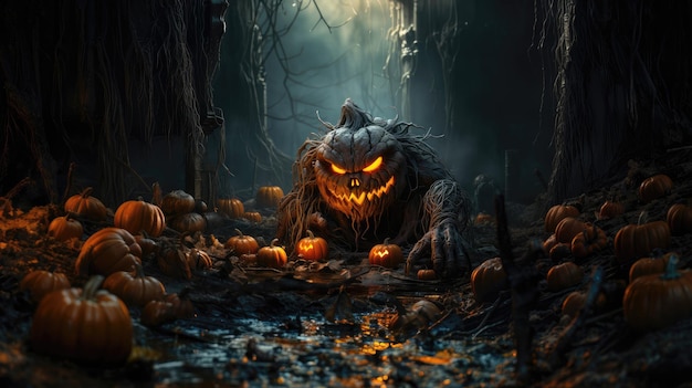Тыква в темном лесу, тыква-монстр, жуткая тыква на Хэллоуин