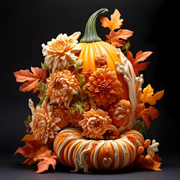 Pumpkin decorated with autumn leaves and flowers on a black background