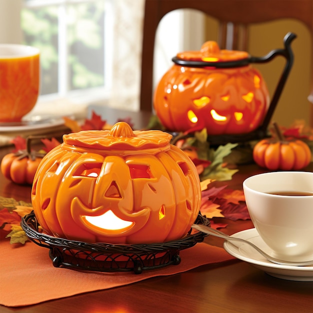 Pumpkin decorations and a cup of tea generated by AI