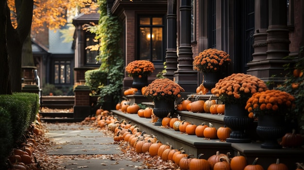 Pumpkin Decorations for Halloween and Autumn on the Steps of an Old Brownstone Home