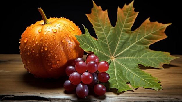 pumpkin and a fall maple leaf