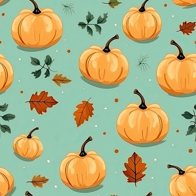 pumpkin fall pattern autumn leaves on pastel green background seamless pattern