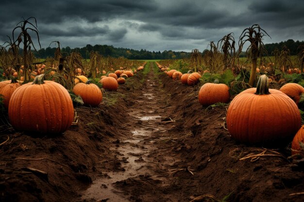 Pumpkin farm field organic non GMO at a fall autumn moody rainy weather cold