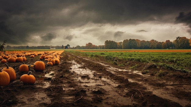 Photo pumpkin farm field organic non gmo at a fall autumn moody rainy weather cold