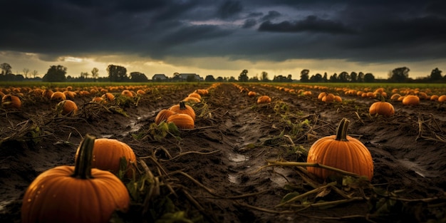 Pumpkin farm field organic non GMO at a fall autumn moody rainy weather cold