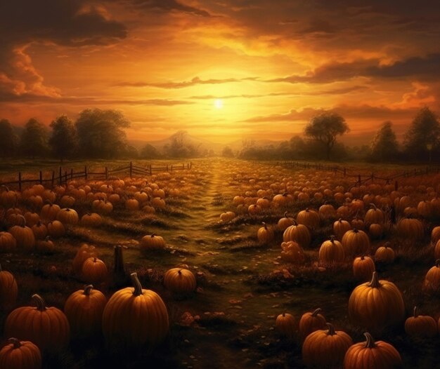 A pumpkin field at sunset