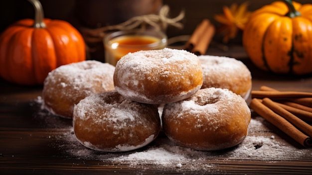 Pumpkin flavored donuts dusted with powdered sugar or cinnamon