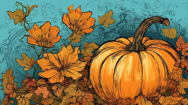 A pumpkin and flowers are on a blue background.