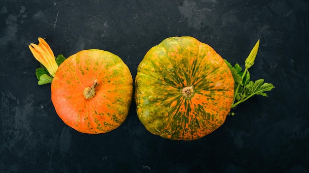 Pumpkin Fresh vegetables On a black background Free space for text Top view