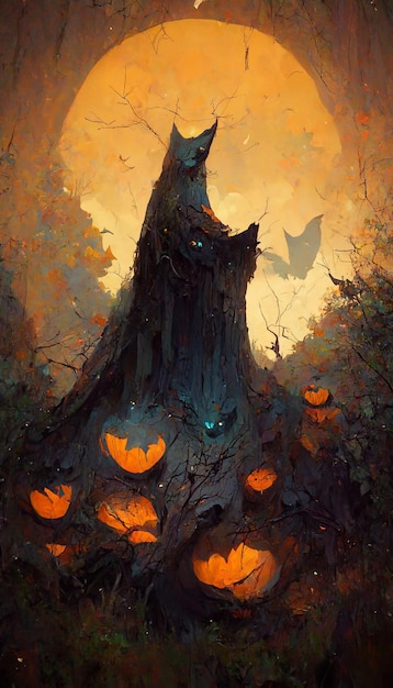 Pumpkin ghost bat in the forest 3d illustration