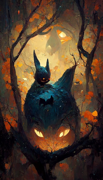 pumpkin ghost bat in the forest 3d illustration