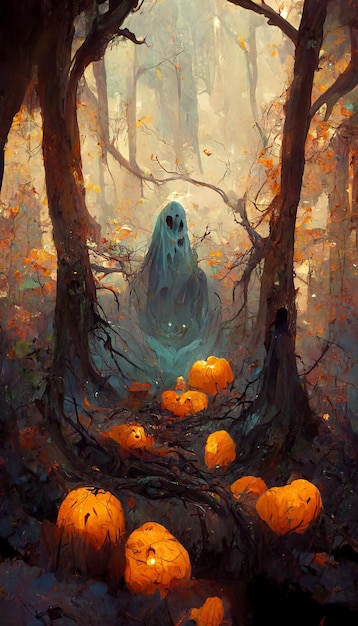 Pumpkin ghost in the forest 3D illustration