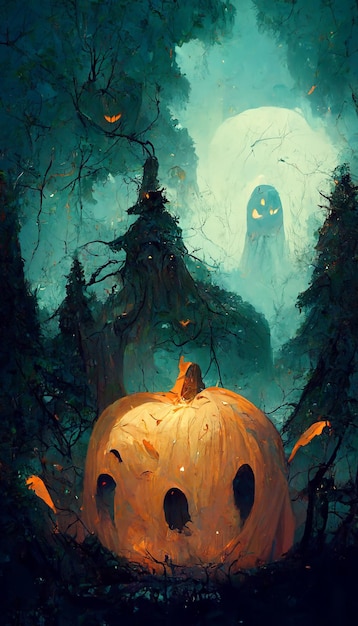 Pumpkin ghost in the forest 3D illustration