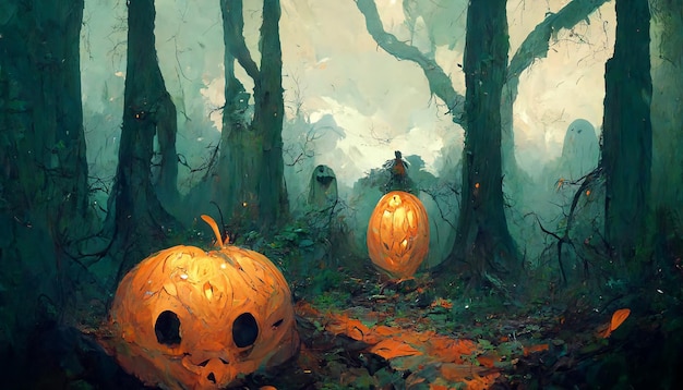 Pumpkin ghost in the forest 3D illustration