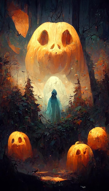 Pumpkin ghost in the forest 3D illustration