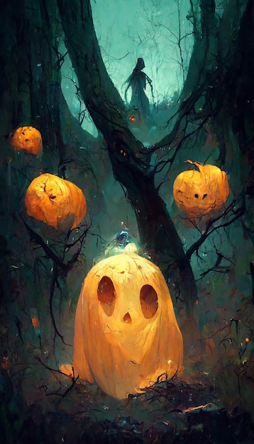 Pumpkin ghost in the forest 3D illustration