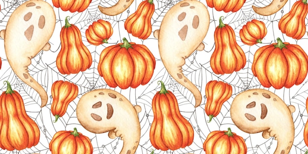 pumpkin ghost and spider web pattern watercolor