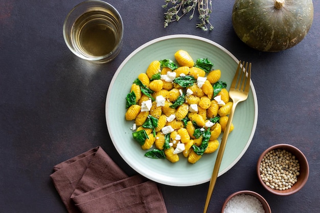 Pumpkin gnocchi with spinach and white cheese Healthy eating Vegetarian food