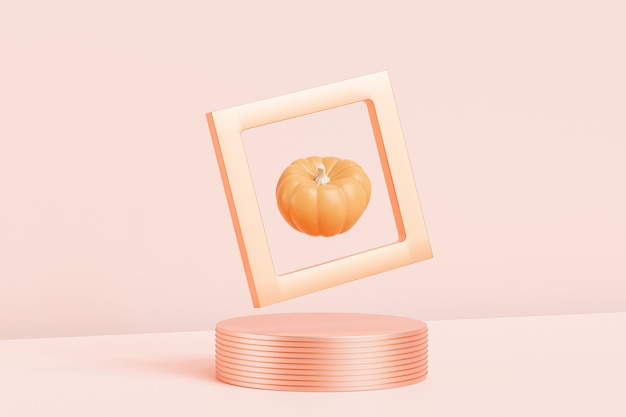 Pumpkin in golden frame on podium or pedestal, advertising for autumn holidays on pink background, 3d render