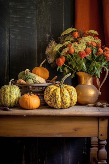 Pumpkin and gourds centerpiece on wooden table created with generative ai