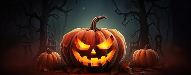Pumpkin Graveyard cemetery Spooky or scary dark Night halloween wide banner or panorama concept