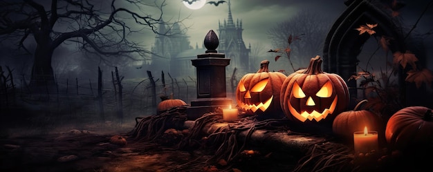 Foto pumpkin cemetery cimitero spaventoso o spaventoso buio notte di halloween ampio banner o concetto panoramico