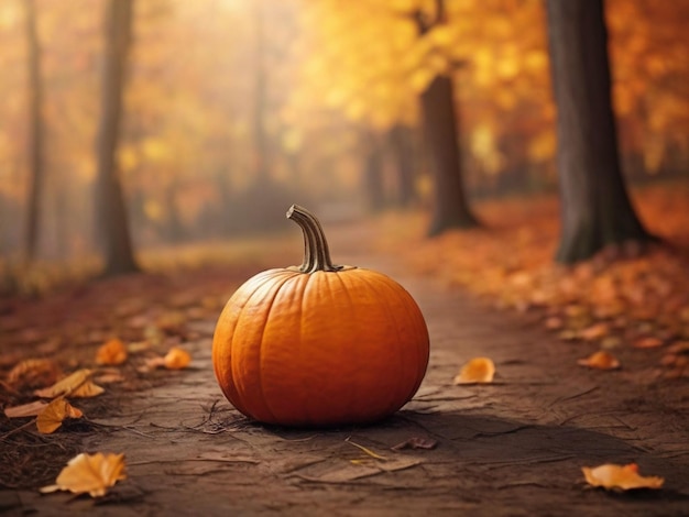 Pumpkin on the ground in the autumn forest Autumn background