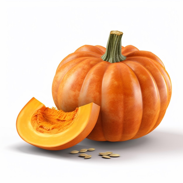 A pumpkin and a half of a pumpkin with seeds on the side.