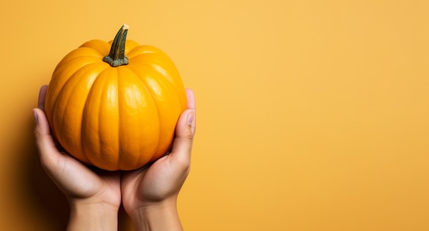 Pumpkin in hands on an orange background banner 1