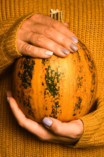 Foto zucca nelle mani di una donna con un accogliente maglione di lana arancione