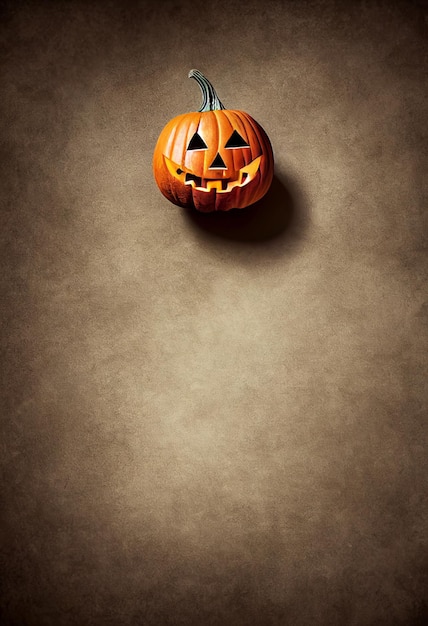 Pumpkin hanging on wall gray background Pumpkin with carved face for Halloween holiday