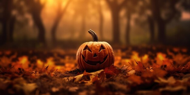 Pumpkin on a horizontal image with space for text photo on the theme of halloween generative ai