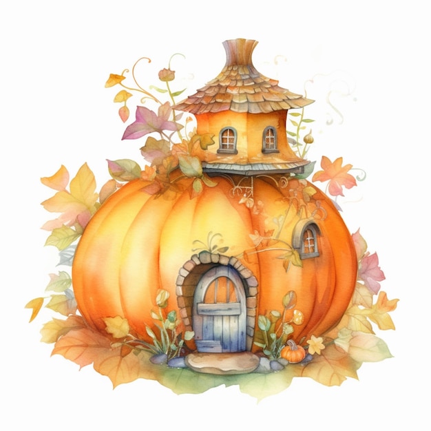 A pumpkin house with a door and a house on it