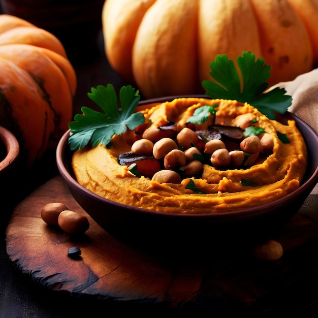 Pumpkin hummus and roasted butternut squash Selective focus