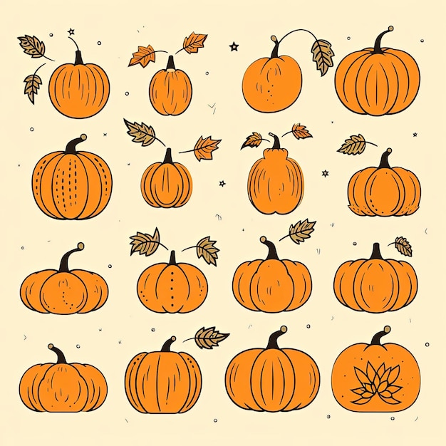 pumpkin icons on an orange background in the style of linear patterns and shapes