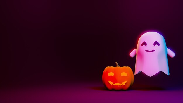 Pumpkin jack o lanterns and ghost on halloween for background or orther, cute style . 3d rendering