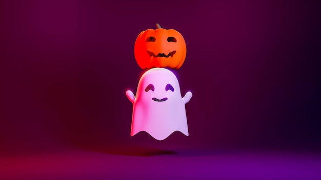 Zucca jack o lanterns e ghost su halloween per sfondo o altro, stile carino. rendering 3d