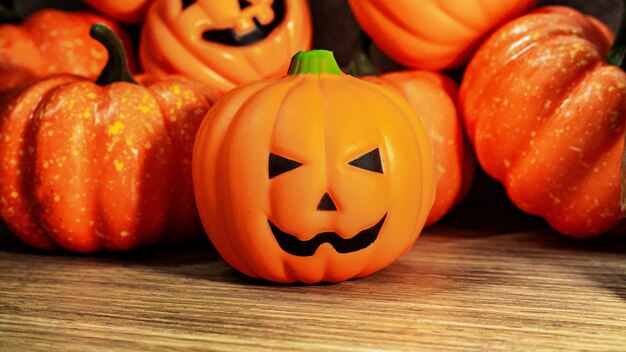 Pumpkin jack on wood table.