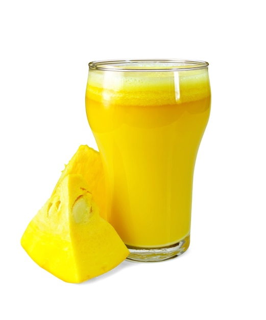 Pumpkin juice in a tall glass with slices of pumpkin isolated  