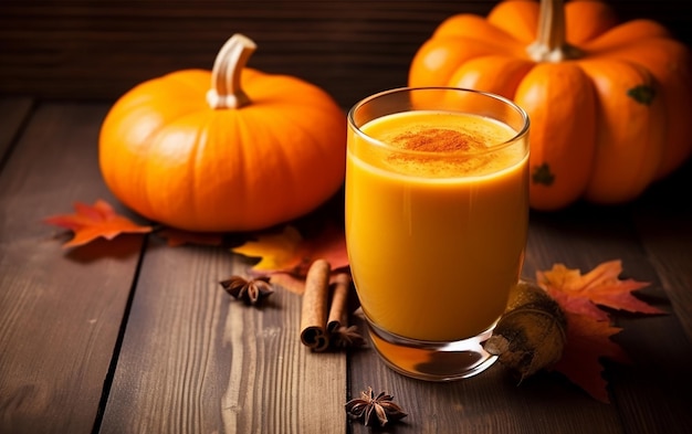 Photo pumpkin juice top view on halloween concept