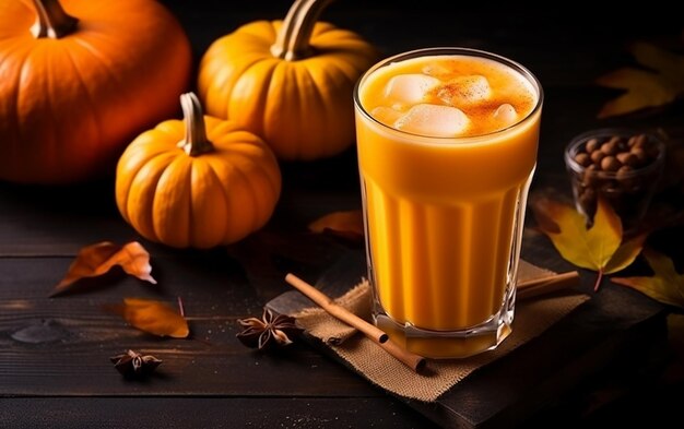 Photo pumpkin juice top view on halloween concept